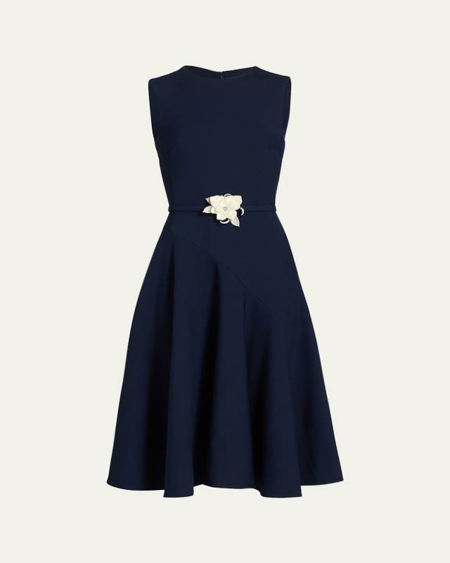 Sleeveless Crystal Belted Stretch Wool Midi Dress